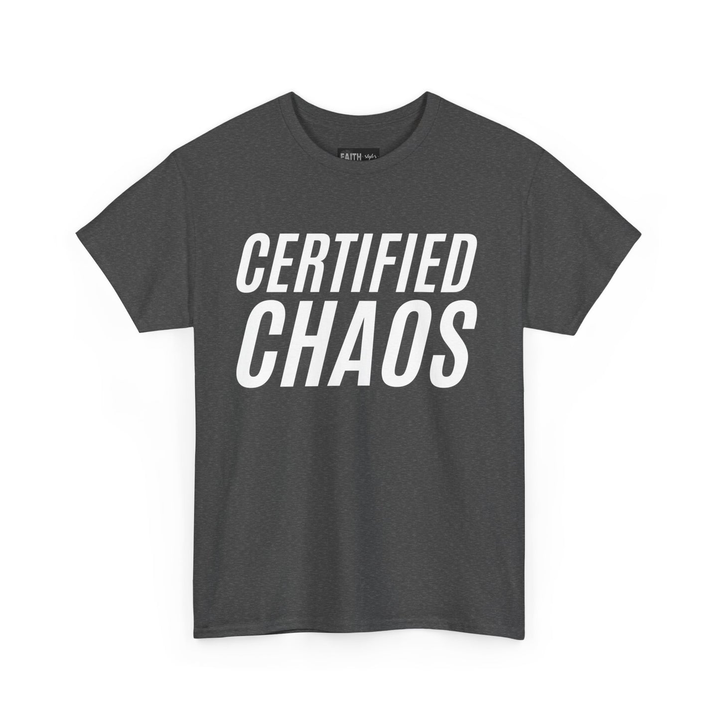 Certified Chaos Unisex Heavy Cotton Tee, Casual Tee, Graphic Tee, Trendy T-Shirt, Gift for Friends, Everyday Wear