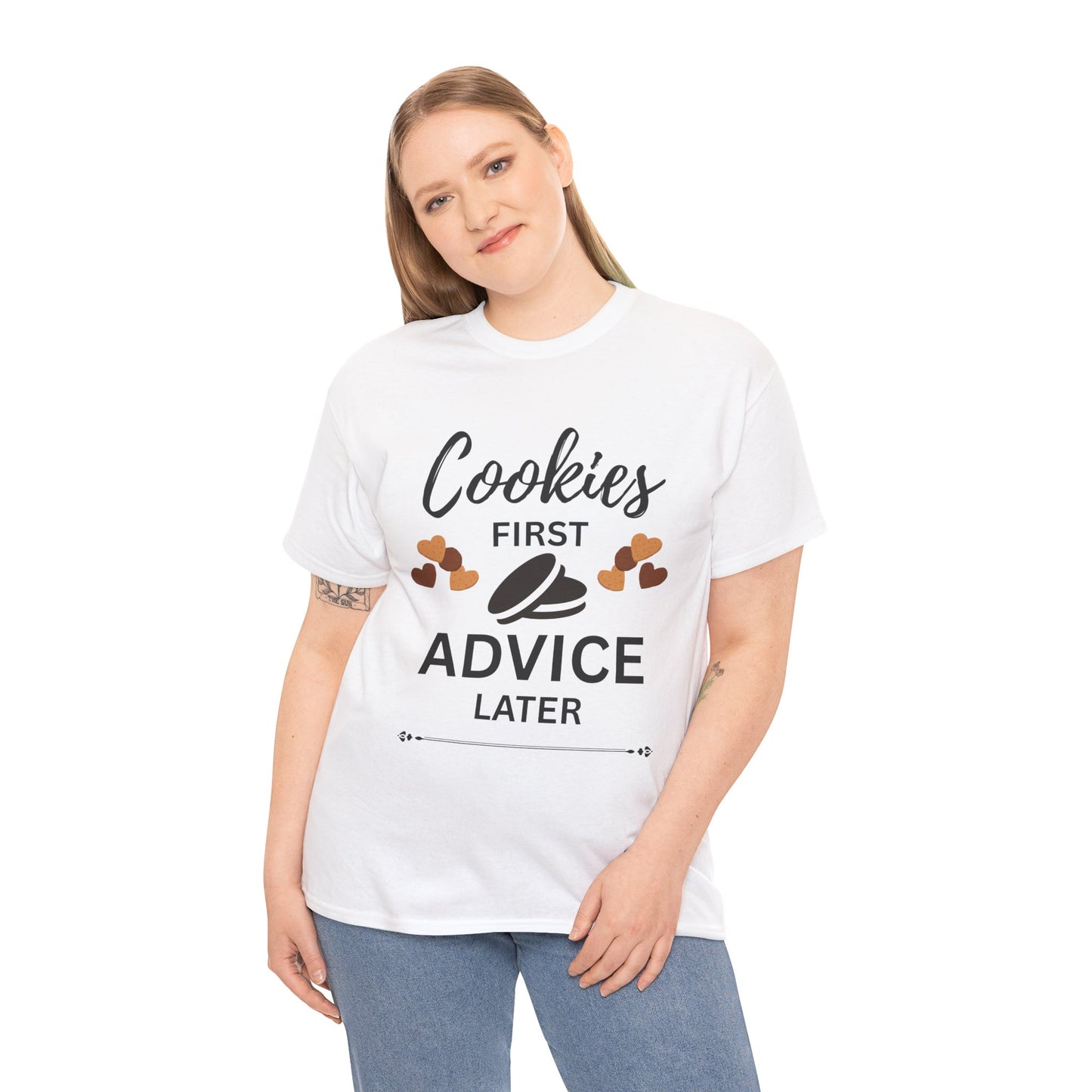 Cookies First Advice Later Unisex Tee, Funny Foodie Shirt, Cookie Lover Gift, Sweet Humor Top, Casual Unisex Cotton Tee