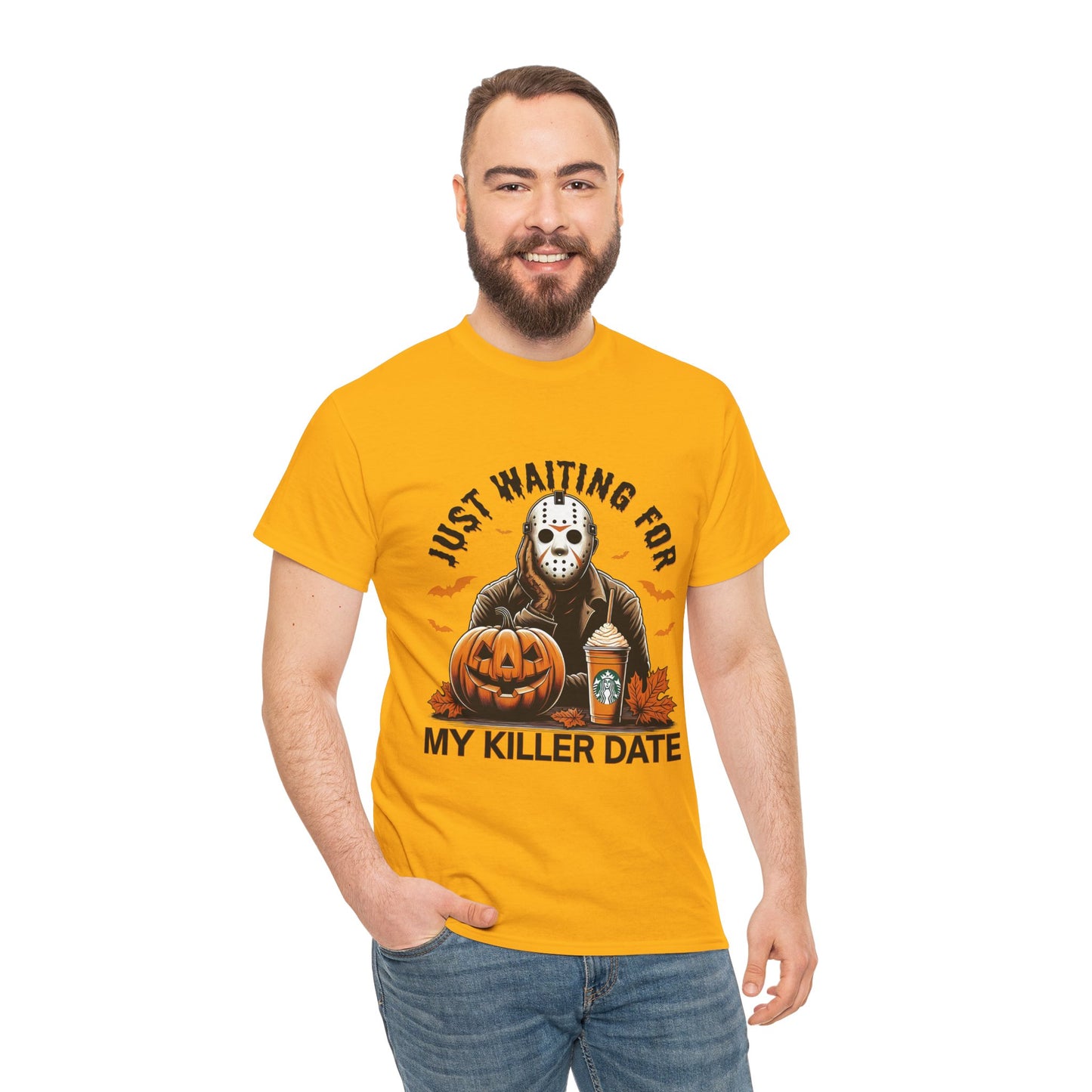 Unisex Halloween Graphic Tee, Spooky T-Shirt for Fall, Just Waiting for My Killer Date Shirt, Perfect for Halloween Parties or Gift
