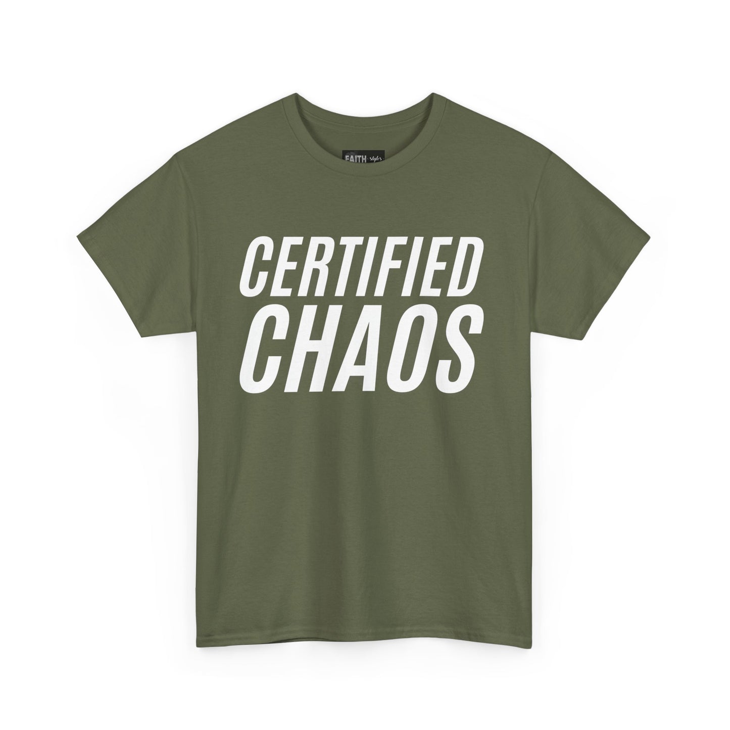 Certified Chaos Unisex Heavy Cotton Tee, Casual Tee, Graphic Tee, Trendy T-Shirt, Gift for Friends, Everyday Wear