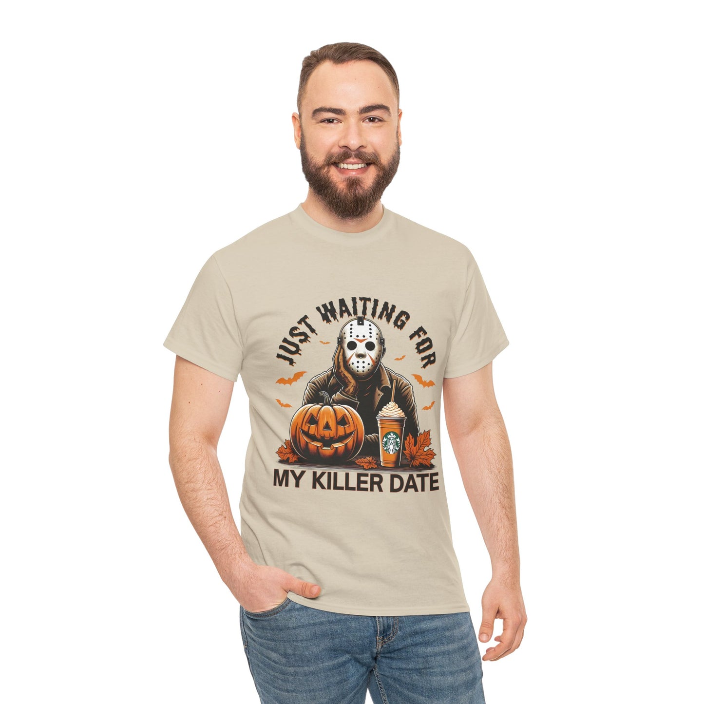 Unisex Halloween Graphic Tee, Spooky T-Shirt for Fall, Just Waiting for My Killer Date Shirt, Perfect for Halloween Parties or Gift