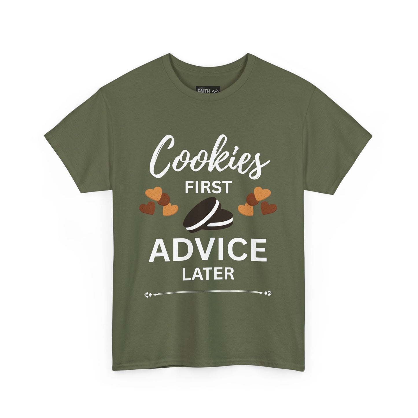 Cookies First Advice Later Unisex Tee, Funny Foodie Shirt, Cookie Lover Gift, Sweet Humor Top, Casual Unisex Cotton Tee
