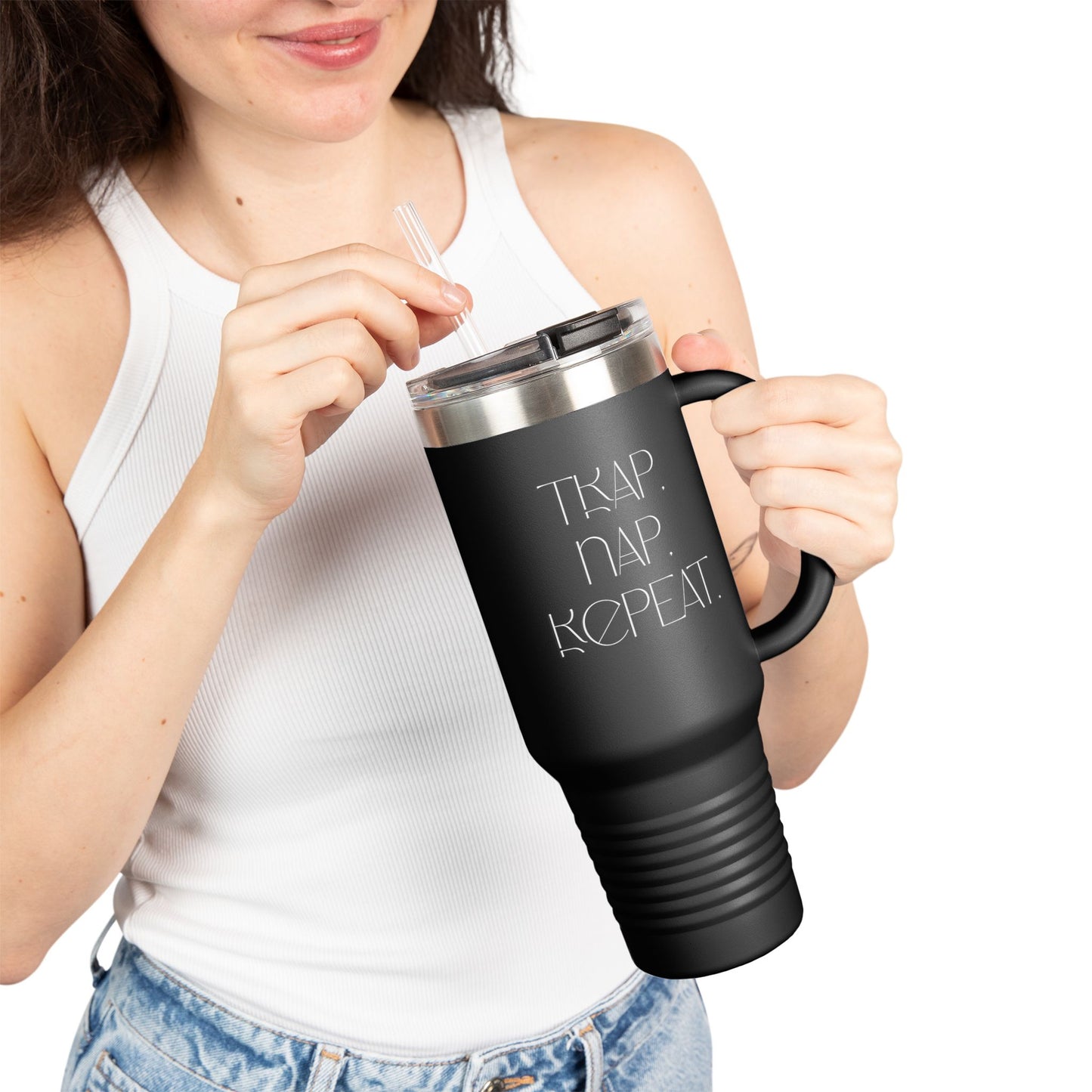 FaithStyles “Trap. Nap. Repeat.” Insulated Travel Tumbler – Stainless Steel Mug with Straw
