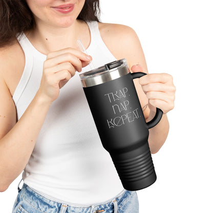 FaithStyles “Trap. Nap. Repeat.” Insulated Travel Tumbler – Stainless Steel Mug with Straw