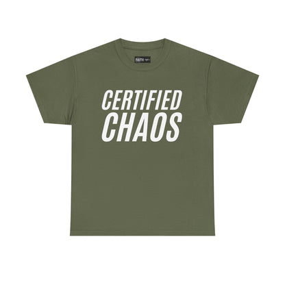 Certified Chaos Unisex Heavy Cotton Tee, Casual Tee, Graphic Tee, Trendy T-Shirt, Gift for Friends, Everyday Wear