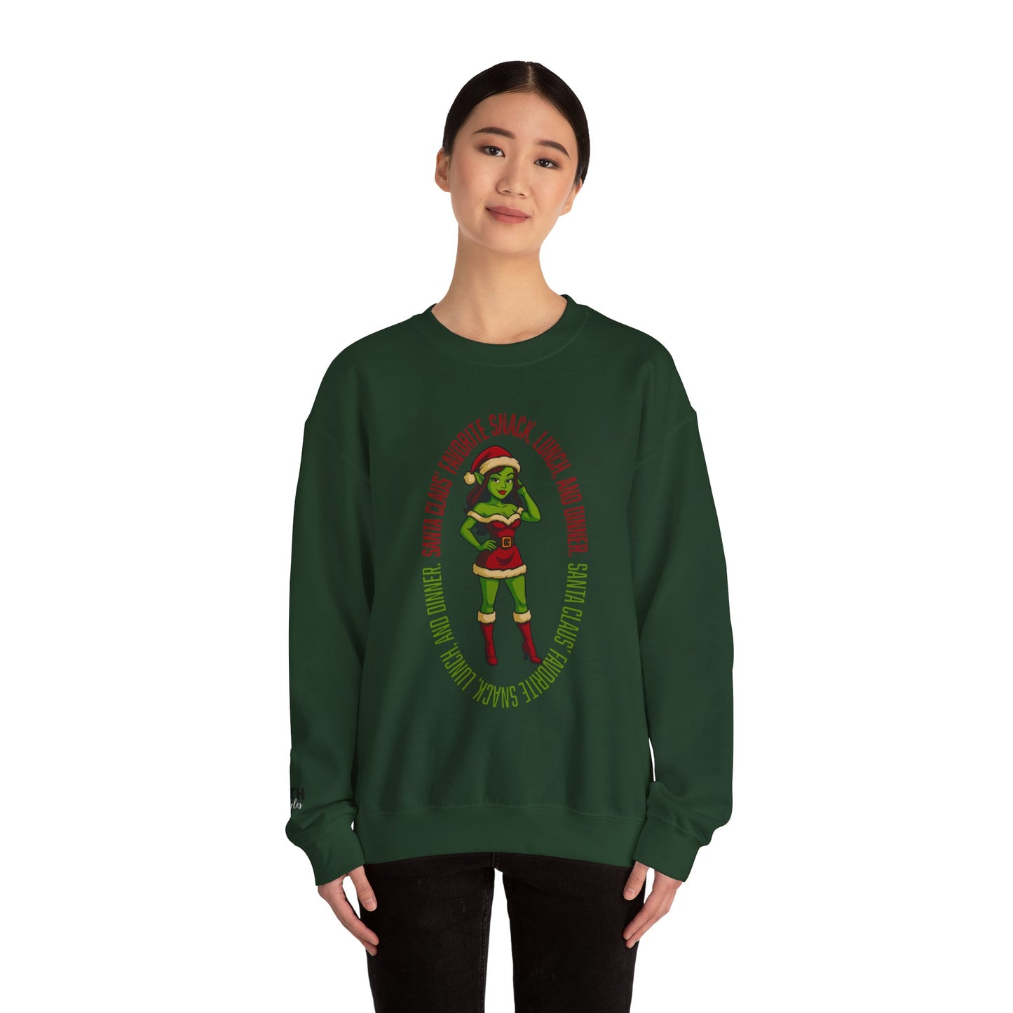 Holiday Goblin Girl Crewneck Sweatshirt — 'Favorite Snack' Christmas Sweatshirt