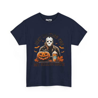 Unisex Halloween Graphic Tee, Spooky T-Shirt for Fall, Just Waiting for My Killer Date Shirt, Perfect for Halloween Parties or Gift