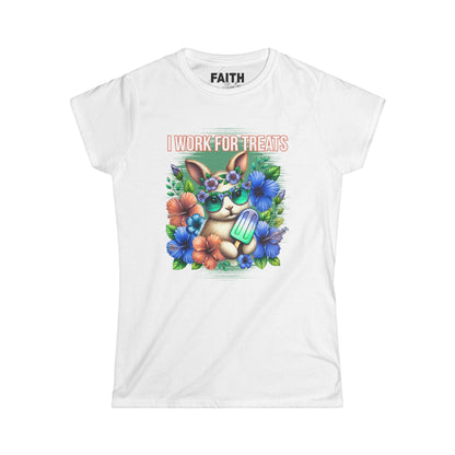 Women's Graphic Tee, I Work for Treats Dog Lover Shirt, Cute Pet T-Shirt, Floral Dog Art Tee, Gift for Dog Moms, Summer Tee