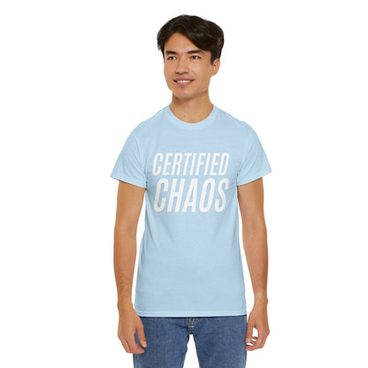 Certified Chaos Unisex Heavy Cotton Tee, Casual Tee, Graphic Tee, Trendy T-Shirt, Gift for Friends, Everyday Wear