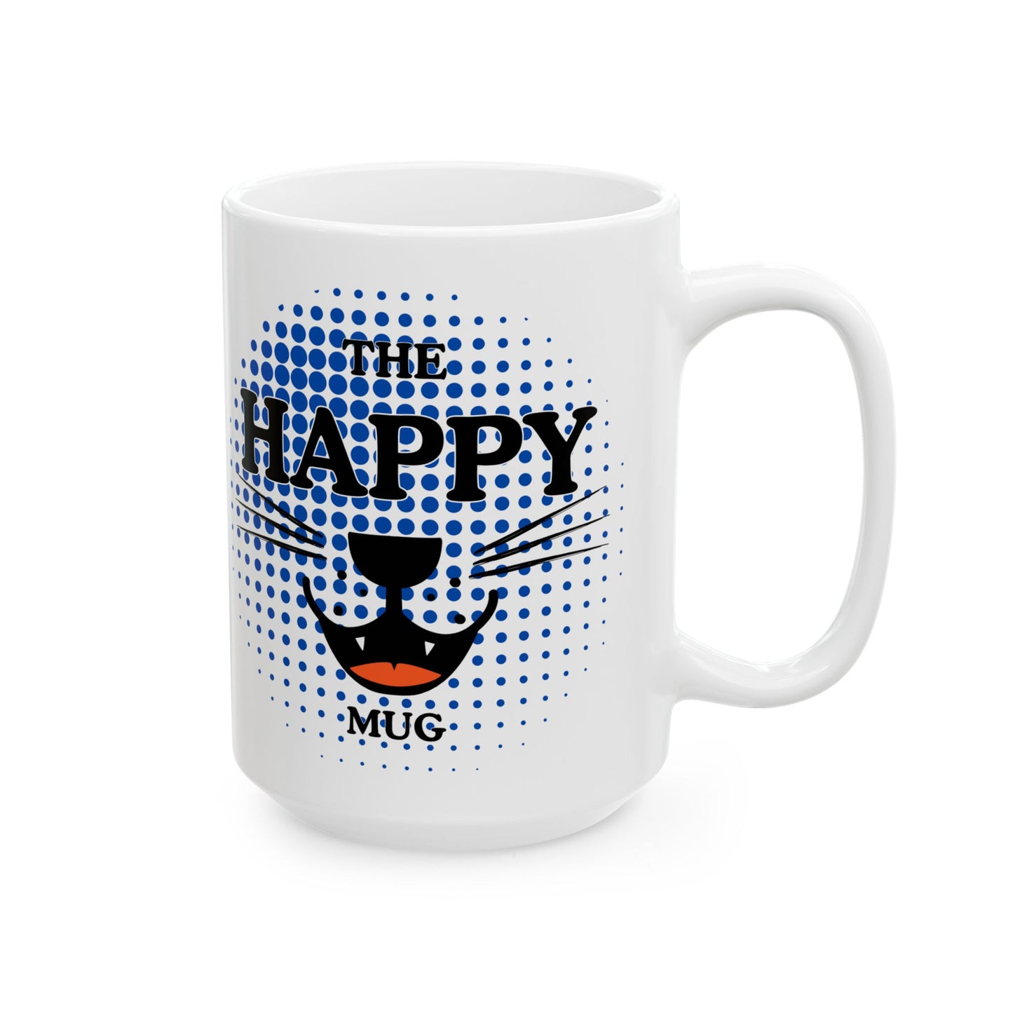 FaithStyles Ceramic Mug — "Happy Mug" Blue Halftone Coffee Cup (11oz & 15oz)