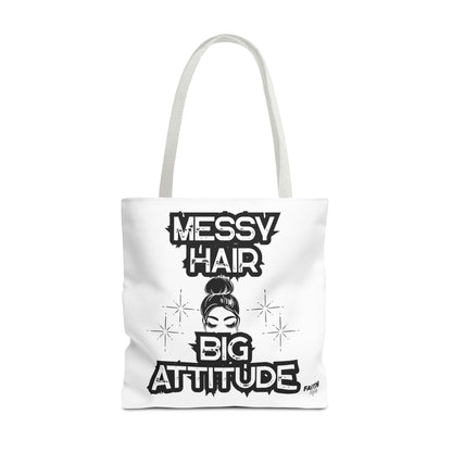 FaithStyles Tote Bag — "Messy Hair Big Attitude" Graphic Tote for Stylish Women