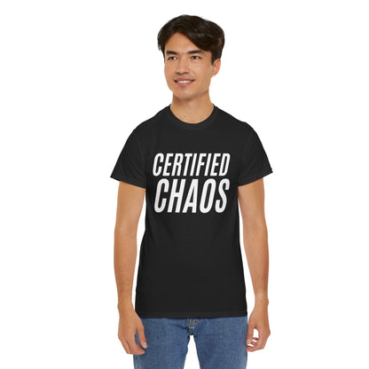 Certified Chaos Unisex Heavy Cotton Tee, Casual Tee, Graphic Tee, Trendy T-Shirt, Gift for Friends, Everyday Wear
