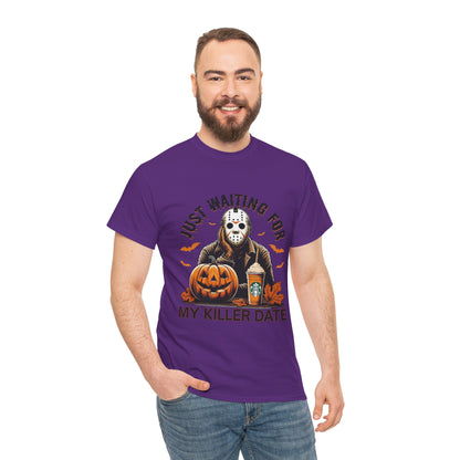 Unisex Halloween Graphic Tee, Spooky T-Shirt for Fall, Just Waiting for My Killer Date Shirt, Perfect for Halloween Parties or Gift