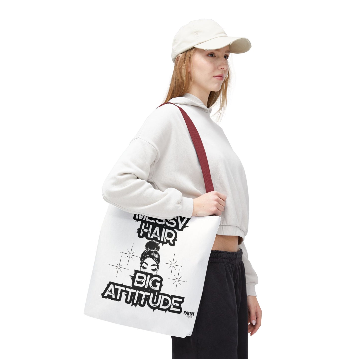 FaithStyles Tote Bag — "Messy Hair Big Attitude" Graphic Tote for Stylish Women