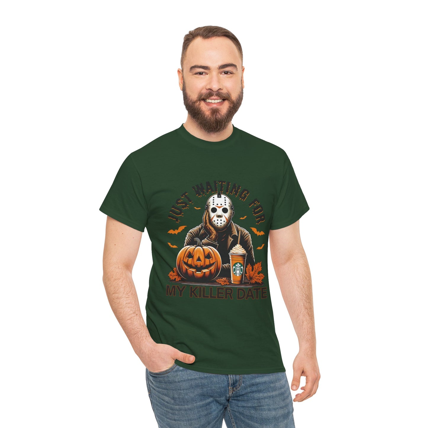 Unisex Halloween Graphic Tee, Spooky T-Shirt for Fall, Just Waiting for My Killer Date Shirt, Perfect for Halloween Parties or Gift
