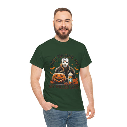 Unisex Halloween Graphic Tee, Spooky T-Shirt for Fall, Just Waiting for My Killer Date Shirt, Perfect for Halloween Parties or Gift