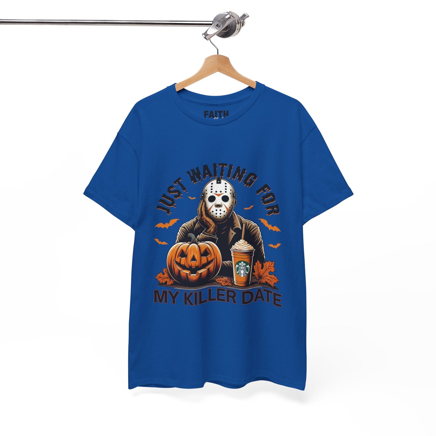 Unisex Halloween Graphic Tee, Spooky T-Shirt for Fall, Just Waiting for My Killer Date Shirt, Perfect for Halloween Parties or Gift