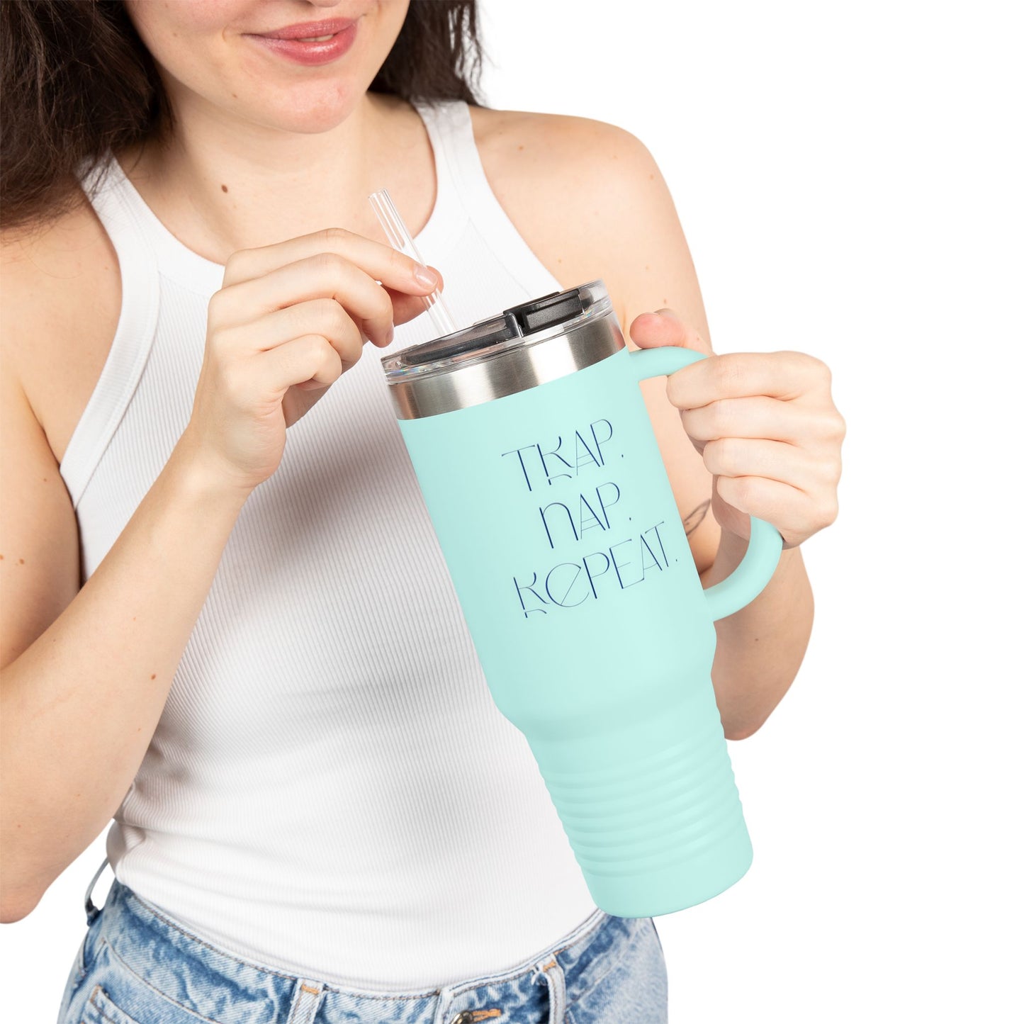 FaithStyles “Trap. Nap. Repeat.” Insulated Travel Tumbler – Stainless Steel Mug with Straw