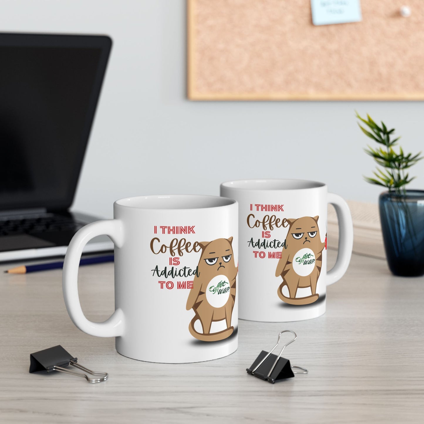 FaithStyles Coffee Addict Cat Ceramic Mug — Funny Cat Saying "I Think Coffee Is Addicted To Me" (11oz, 15oz)