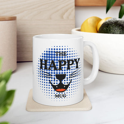 FaithStyles Ceramic Mug — "Happy Mug" Blue Halftone Coffee Cup (11oz & 15oz)