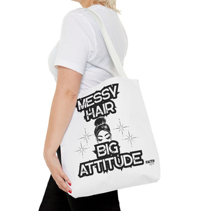 FaithStyles Tote Bag — "Messy Hair Big Attitude" Graphic Tote for Stylish Women