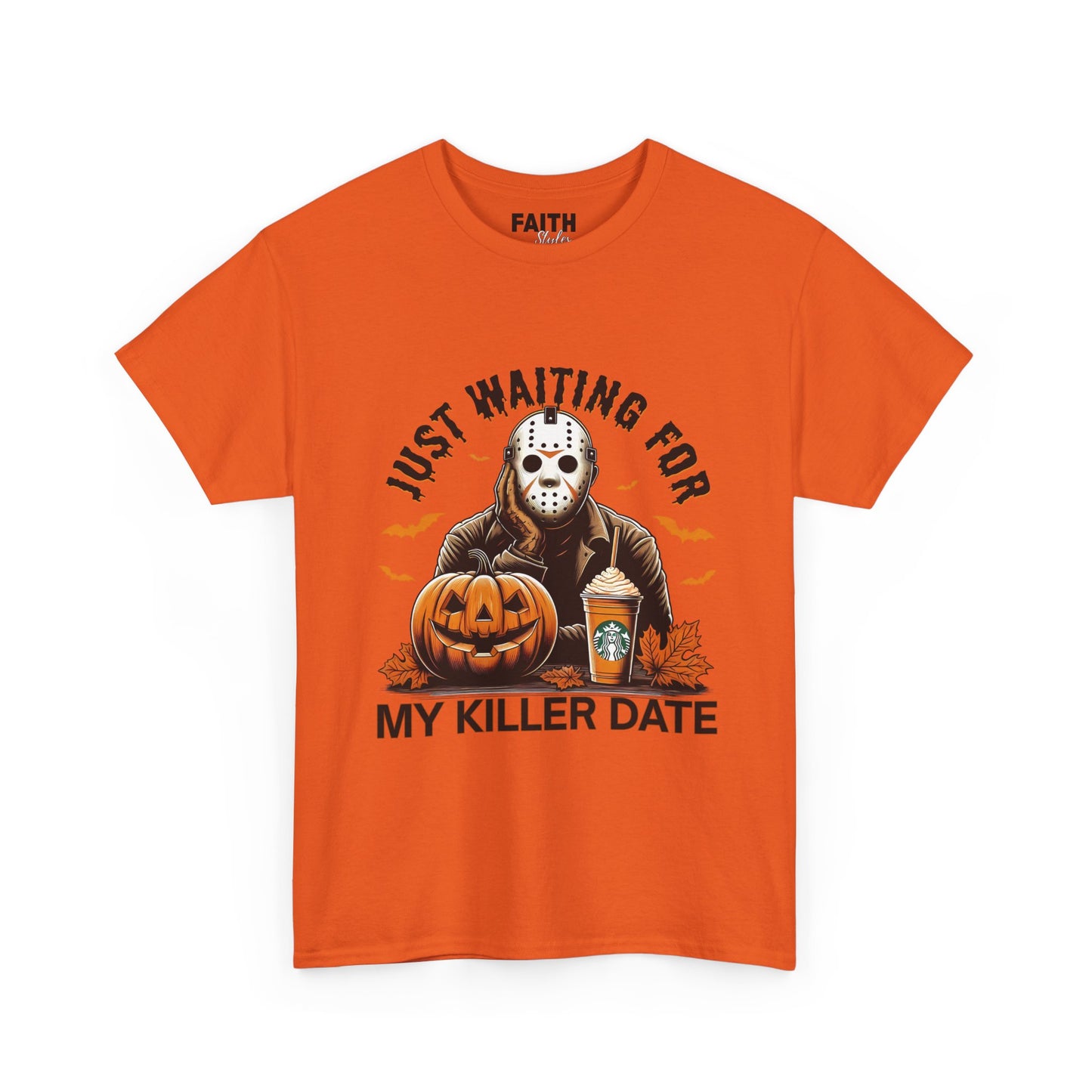Unisex Halloween Graphic Tee, Spooky T-Shirt for Fall, Just Waiting for My Killer Date Shirt, Perfect for Halloween Parties or Gift