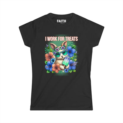 Women's Graphic Tee, I Work for Treats Dog Lover Shirt, Cute Pet T-Shirt, Floral Dog Art Tee, Gift for Dog Moms, Summer Tee