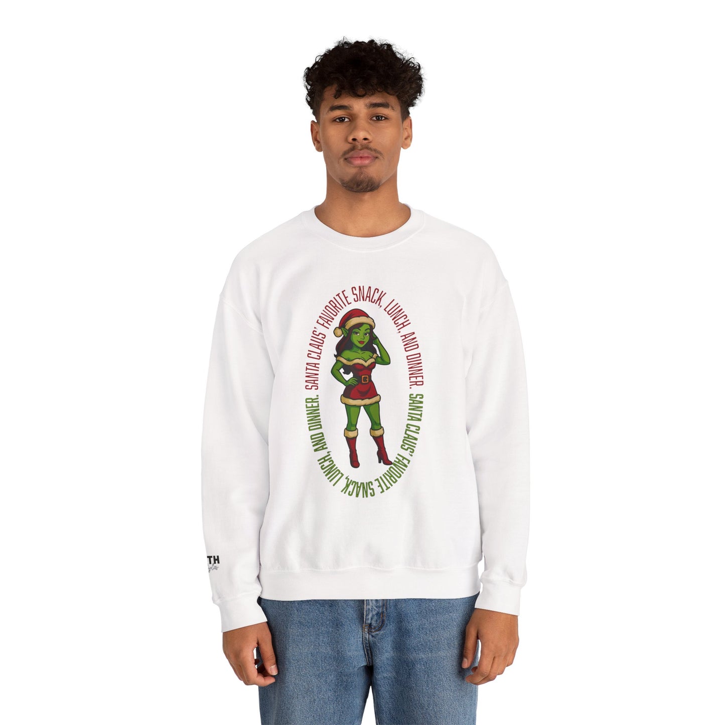 Holiday Goblin Girl Crewneck Sweatshirt — 'Favorite Snack' Christmas Sweatshirt