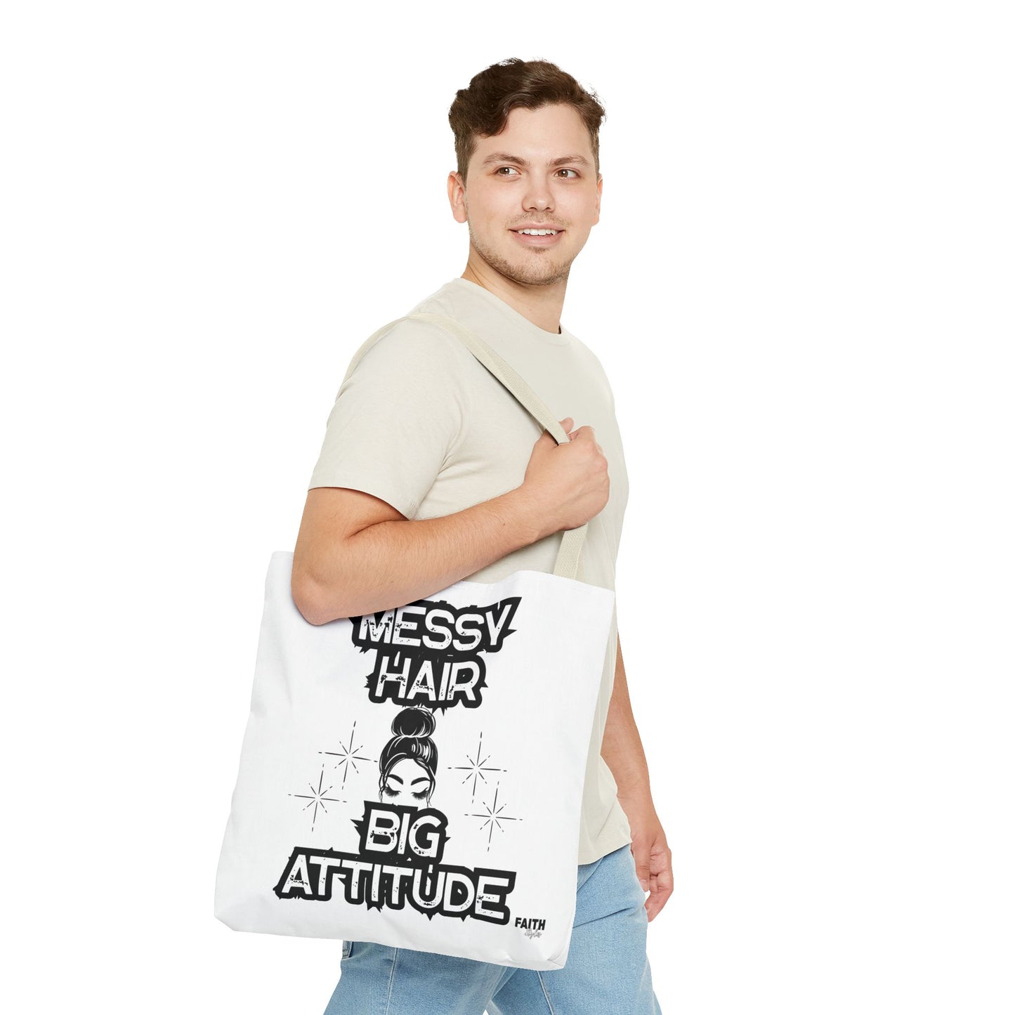FaithStyles Tote Bag — "Messy Hair Big Attitude" Graphic Tote for Stylish Women