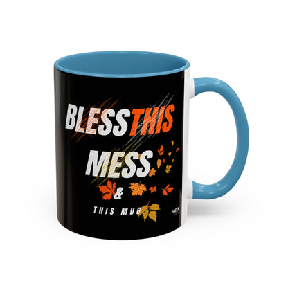 FaithStyles Bless This Mess Coffee Mug, Autumn Mug, Funny Mug Gift, Black Ceramic Mug, Fall Coffee Cup