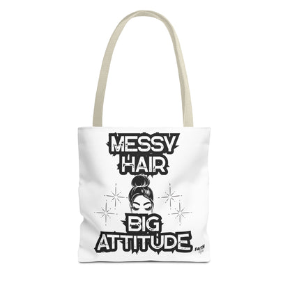 FaithStyles Tote Bag — "Messy Hair Big Attitude" Graphic Tote for Stylish Women