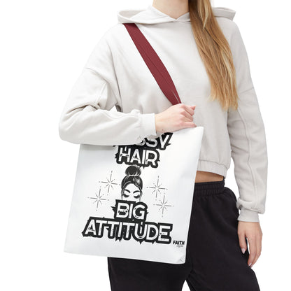FaithStyles Tote Bag — "Messy Hair Big Attitude" Graphic Tote for Stylish Women