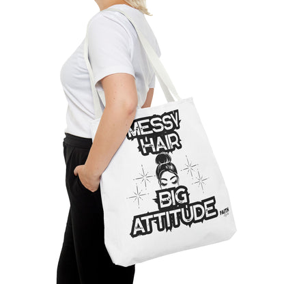 FaithStyles Tote Bag — "Messy Hair Big Attitude" Graphic Tote for Stylish Women