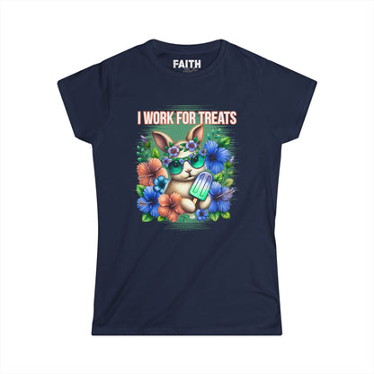 Women's Graphic Tee, I Work for Treats Dog Lover Shirt, Cute Pet T-Shirt, Floral Dog Art Tee, Gift for Dog Moms, Summer Tee