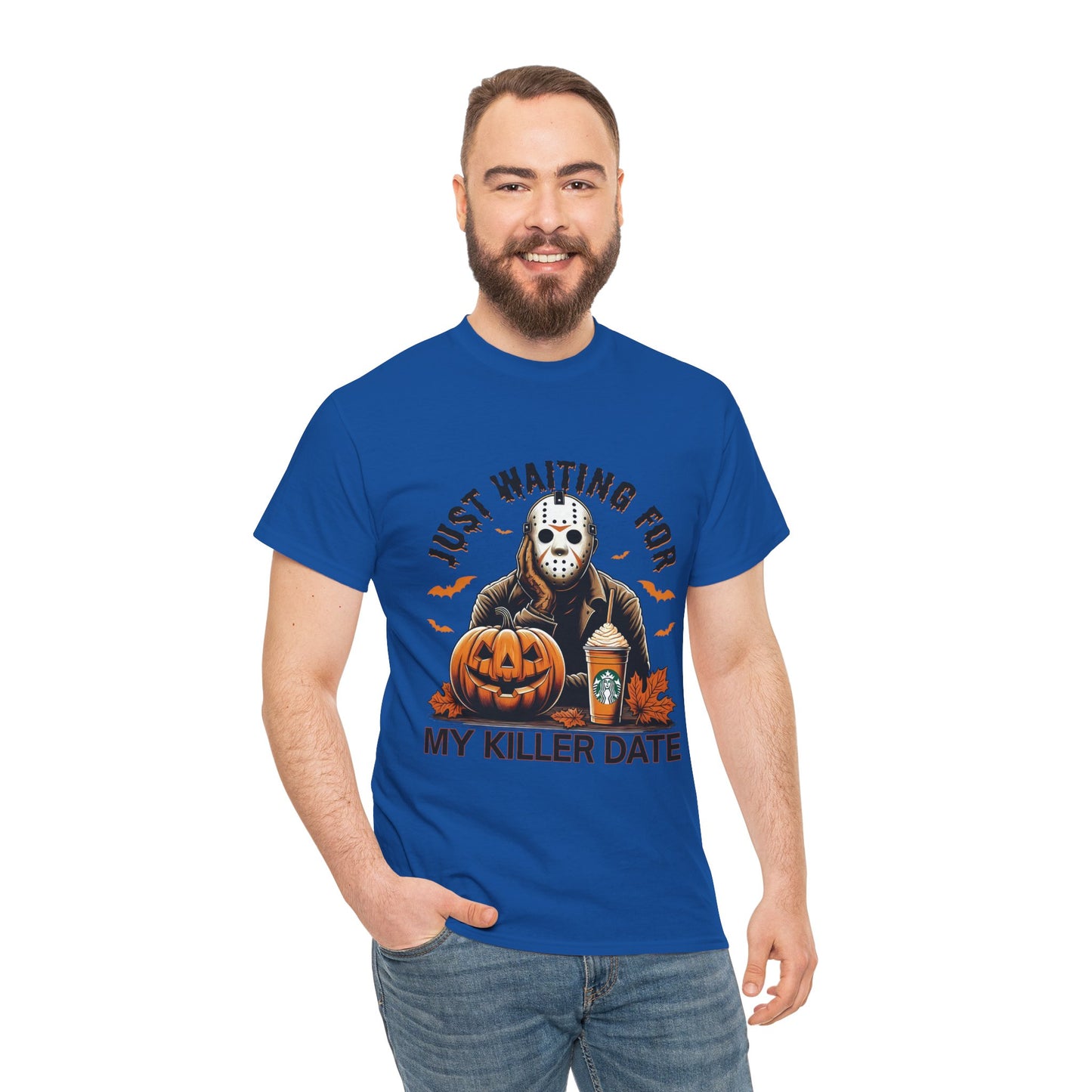 Unisex Halloween Graphic Tee, Spooky T-Shirt for Fall, Just Waiting for My Killer Date Shirt, Perfect for Halloween Parties or Gift