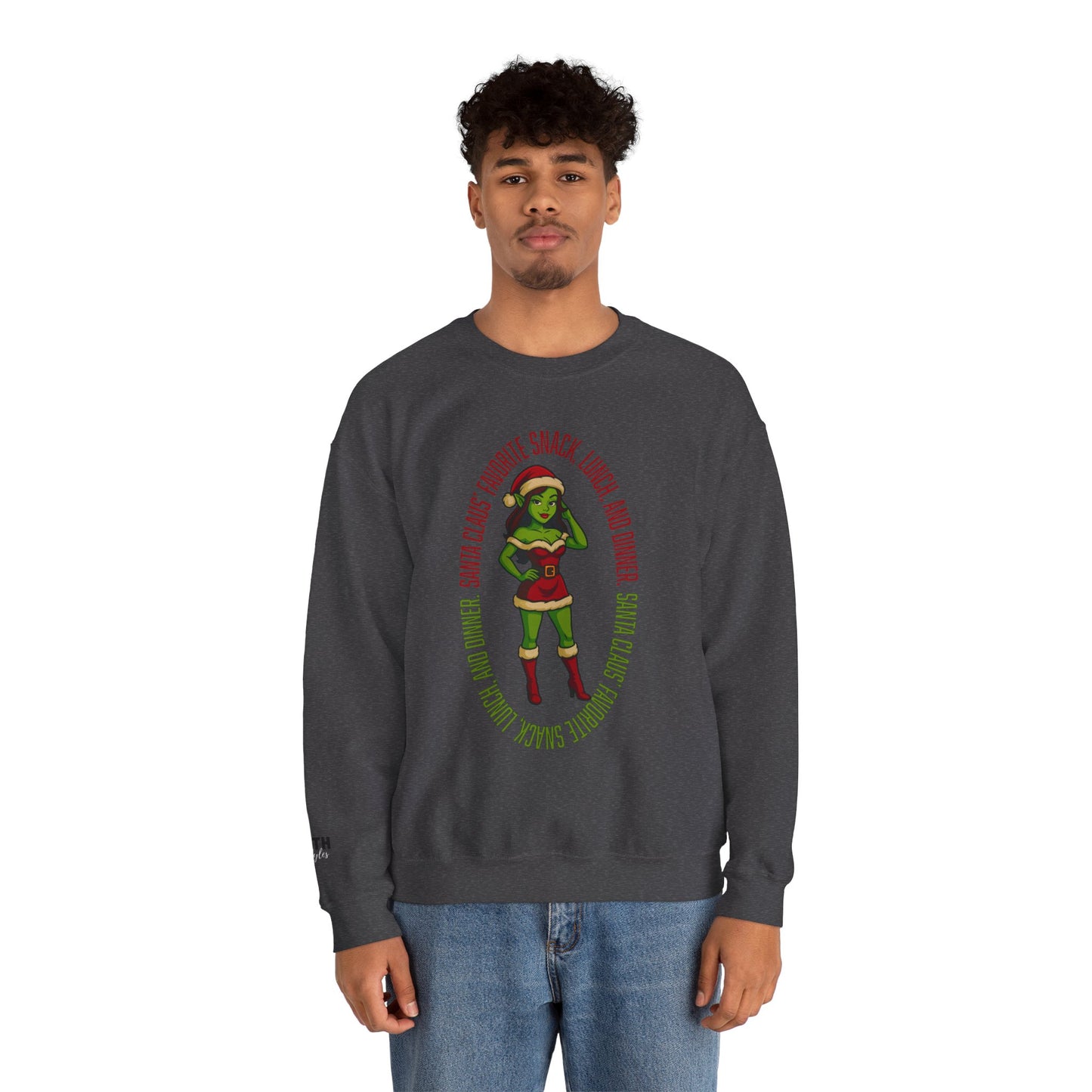 Holiday Goblin Girl Crewneck Sweatshirt — 'Favorite Snack' Christmas Sweatshirt