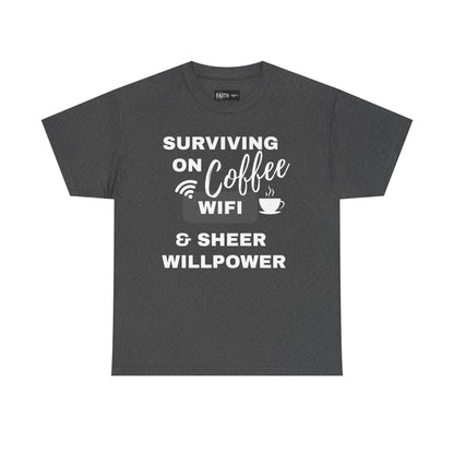 Surviving on Coffee Tee - Unisex Heavy Cotton Shirt, Funny Gift for Coffee Lovers, Perfect for Everyday Wear, Birthday & Holidays
