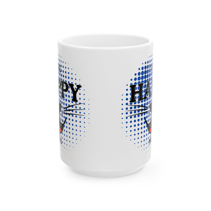 FaithStyles Ceramic Mug — "Happy Mug" Blue Halftone Coffee Cup (11oz & 15oz)