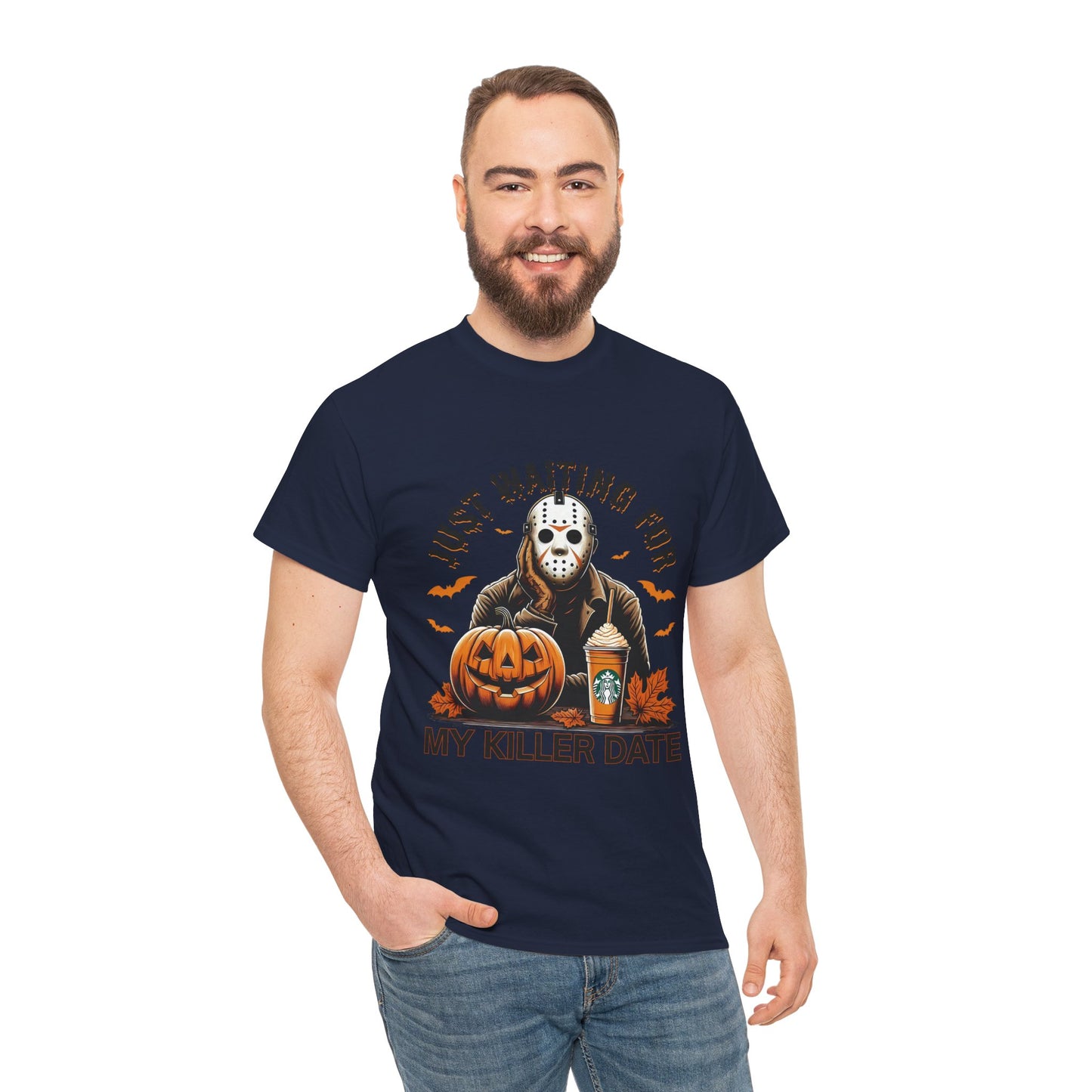 Unisex Halloween Graphic Tee, Spooky T-Shirt for Fall, Just Waiting for My Killer Date Shirt, Perfect for Halloween Parties or Gift