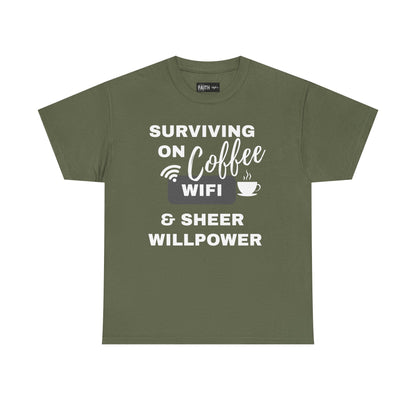 Surviving on Coffee Tee - Unisex Heavy Cotton Shirt, Funny Gift for Coffee Lovers, Perfect for Everyday Wear, Birthday & Holidays