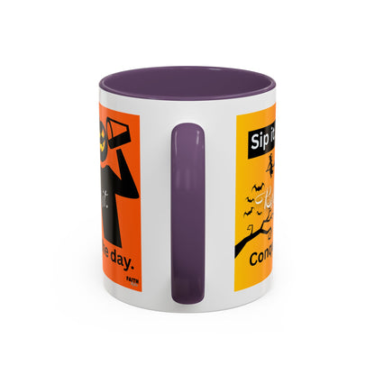 FaithStyles Halloween-Themed Coffee Mug, Sip It Believe It Conquer the Day, Fall Decor, Gift for Pumpkin Lovers, Autumn Kitchenware