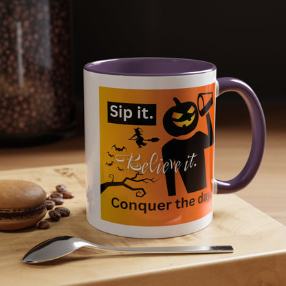 FaithStyles Halloween-Themed Coffee Mug, Sip It Believe It Conquer the Day, Fall Decor, Gift for Pumpkin Lovers, Autumn Kitchenware
