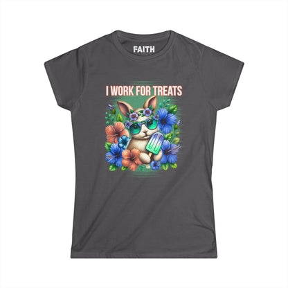 Women's Graphic Tee, I Work for Treats Dog Lover Shirt, Cute Pet T-Shirt, Floral Dog Art Tee, Gift for Dog Moms, Summer Tee