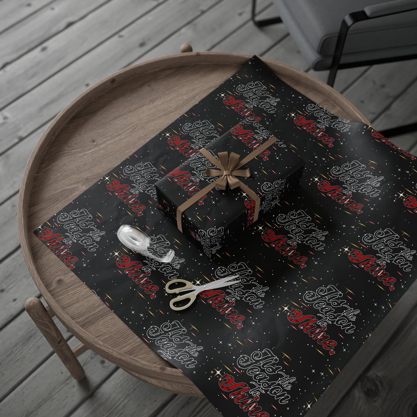 Wrapping Paper Roll — Black Space Pattern with Red 'Ho Ho Ho' Holiday Design