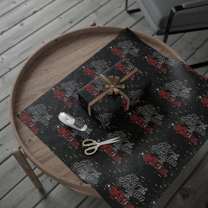 Wrapping Paper Roll — Black Space Pattern with Red 'Ho Ho Ho' Holiday Design