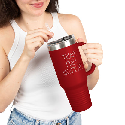 FaithStyles “Trap. Nap. Repeat.” Insulated Travel Tumbler – Stainless Steel Mug with Straw