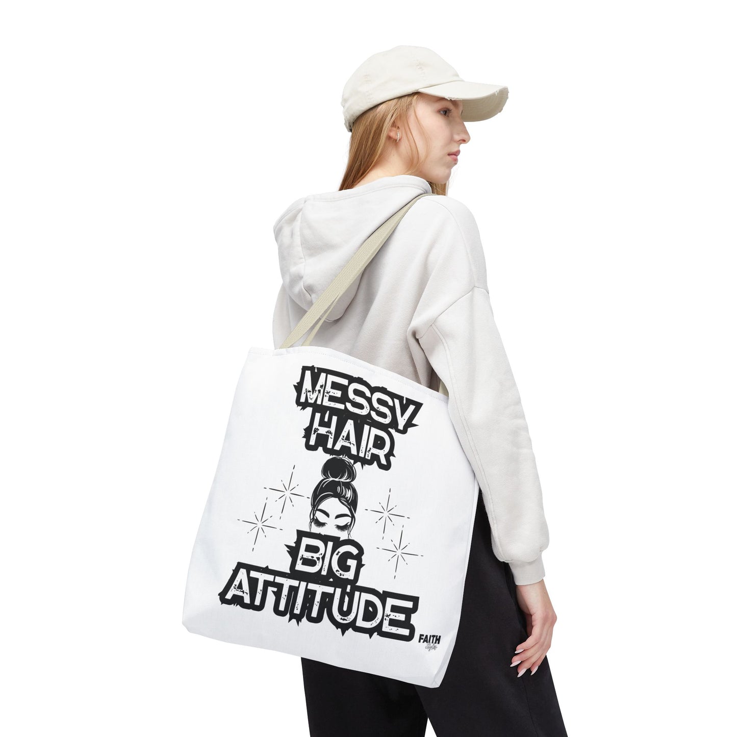 FaithStyles Tote Bag — "Messy Hair Big Attitude" Graphic Tote for Stylish Women