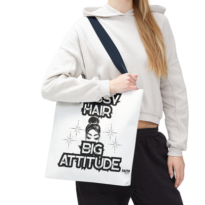 FaithStyles Tote Bag — "Messy Hair Big Attitude" Graphic Tote for Stylish Women