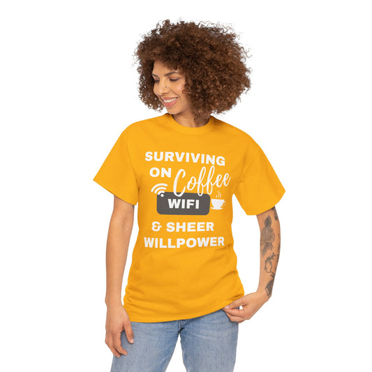 Surviving on Coffee Tee - Unisex Heavy Cotton Shirt, Funny Gift for Coffee Lovers, Perfect for Everyday Wear, Birthday & Holidays
