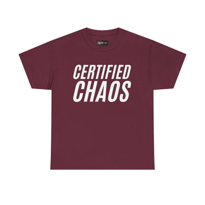 Certified Chaos Unisex Heavy Cotton Tee, Casual Tee, Graphic Tee, Trendy T-Shirt, Gift for Friends, Everyday Wear